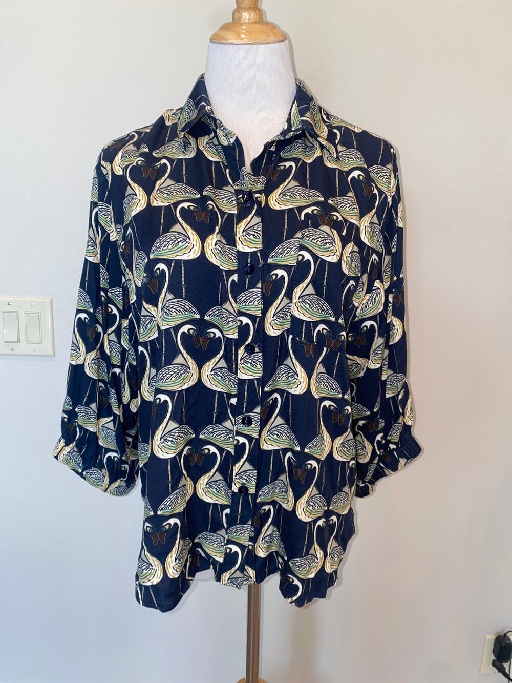 Corey Lynn Calter Anthropologie Flamingo Bird Shirt Blouse Size Large